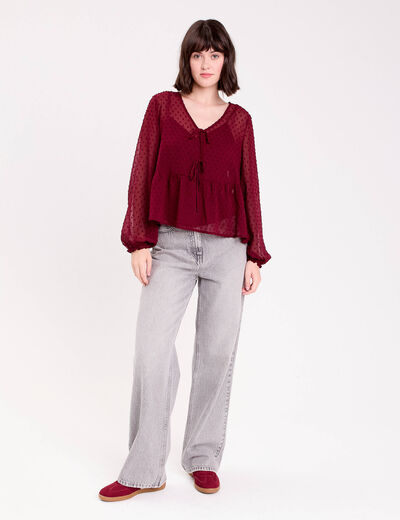 Blouse courte droite col v rouge fonc&eacute; femme