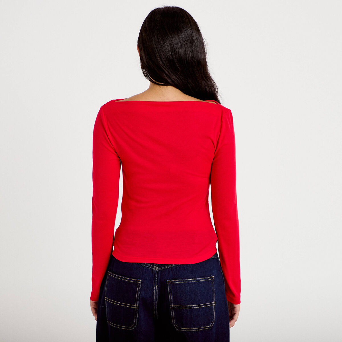 T-shirt col b&eacute;nitier manches longues rouge femme