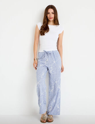 Pantalon large taille haute brod&eacute; bleu clair femme
