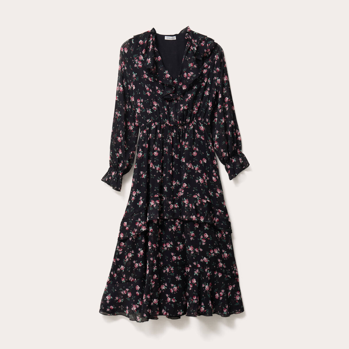 Robe longue &eacute;vas&eacute;e volants noir femme