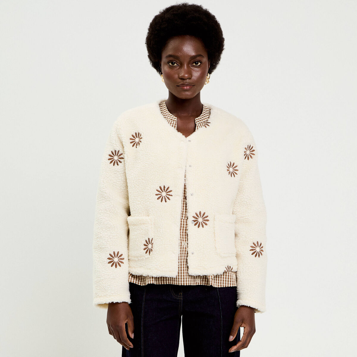 Gilet brod&eacute; effet polaire blanc femme