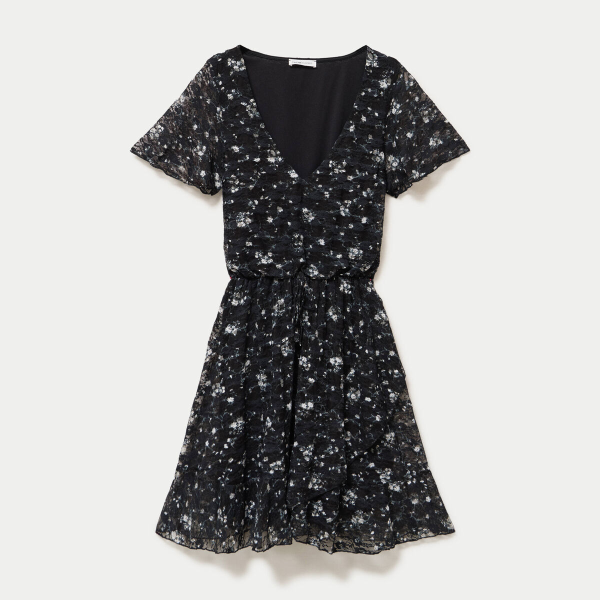 Robe courte &eacute;vas&eacute;e en dentelle col v noir femme