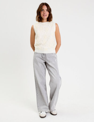 Pull sans manches &agrave; motif floral ecru femme