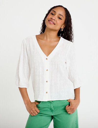 Blouse droite pliss&eacute;e manches 3/4 blanc femme