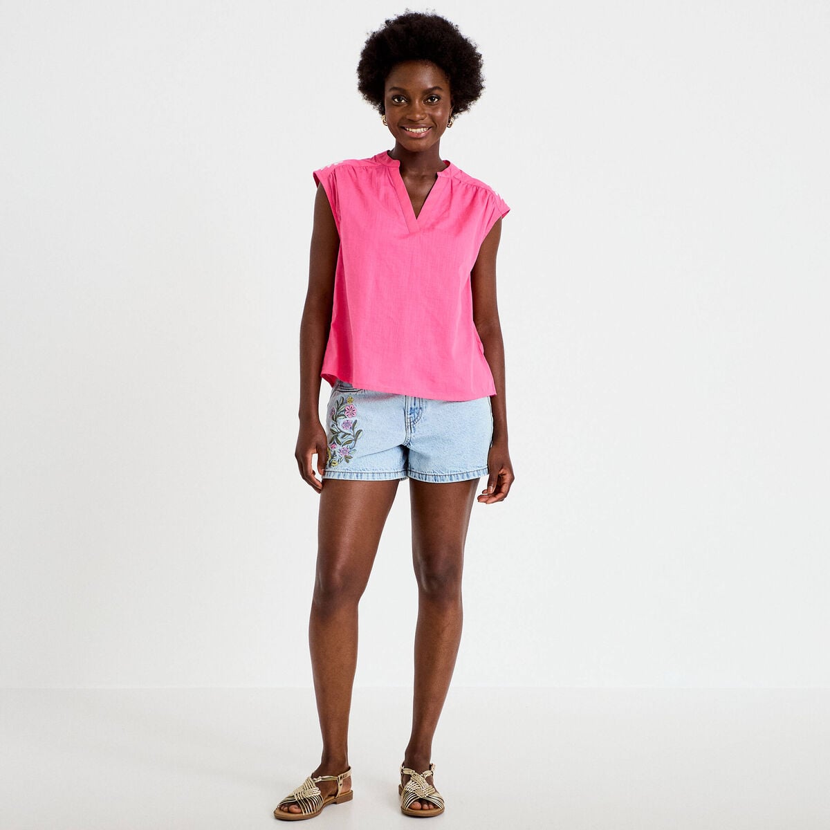 Blouse droite sans manches col v rose fushia femme