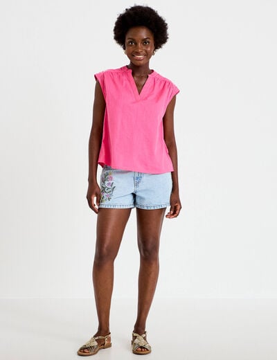 Blouse droite sans manches col v rose fushia femme