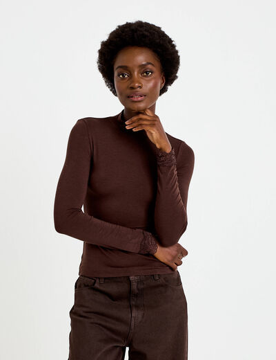 T-shirt ajust&eacute; col roul&eacute; dentelle marron fonc&eacute; femme