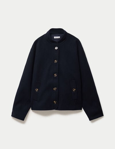 Veste droite col mao manches longues bleu marine femme
