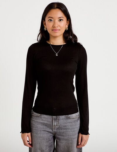T-shirt ajust&eacute; col rond manches longues noir femme