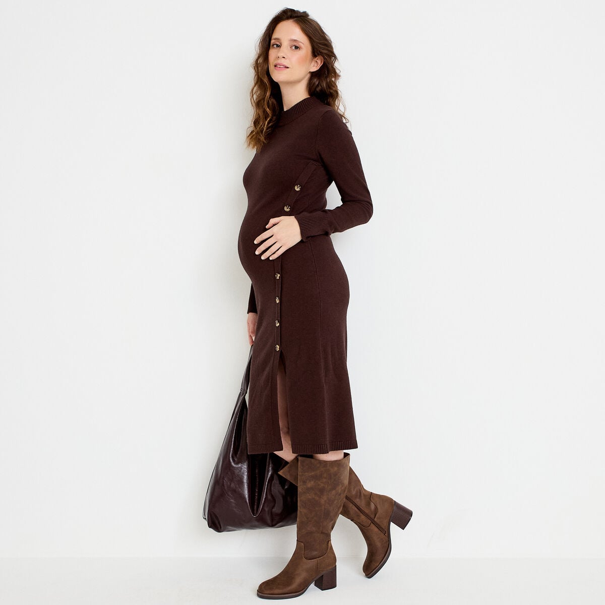 Robe pull ajust&eacute;e manches longues marron fonc&eacute; femme
