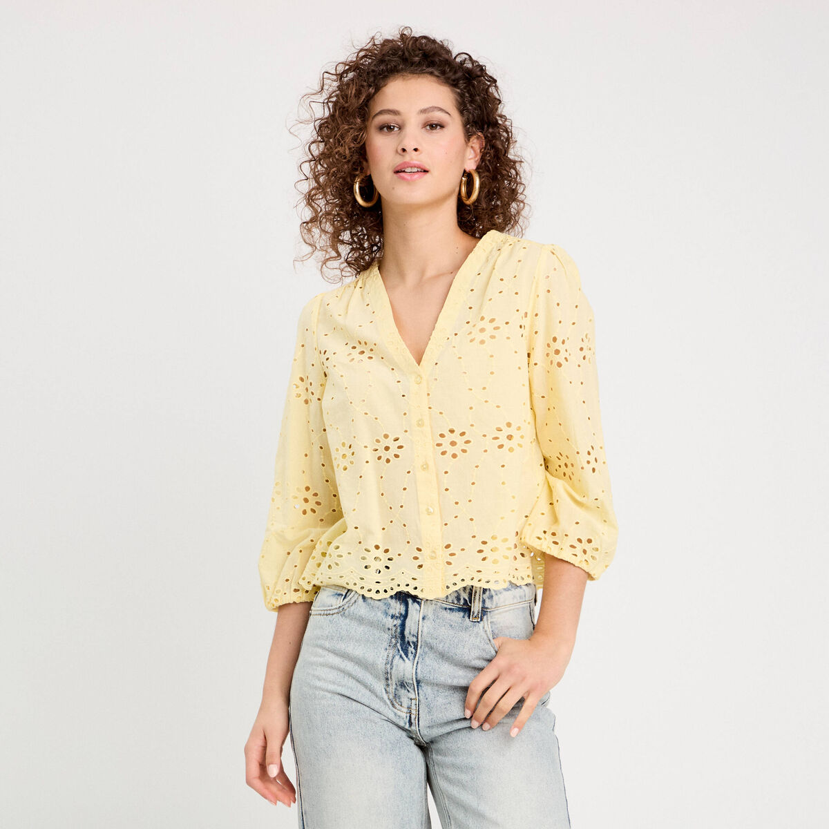 Blouse broderie anglaise jaune clair femme