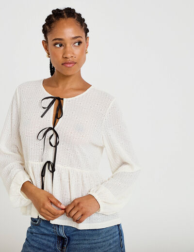 Blouse noeuds contrast&eacute;s ecru femme
