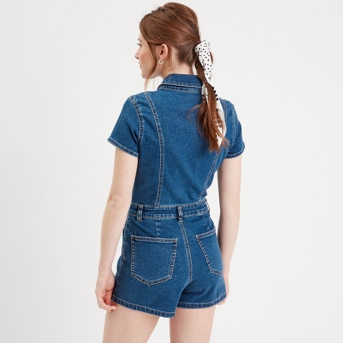 Combishort zipp&eacute;e en jean denim double stone femme