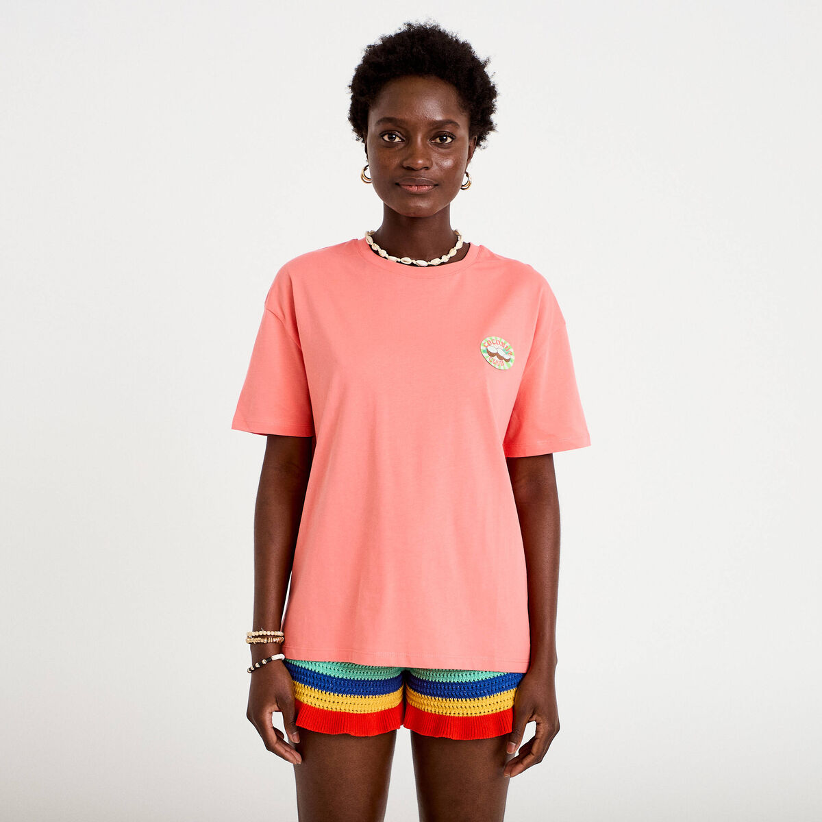 T-shirt oversize manches courtes rose corail femme