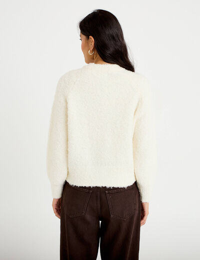 Gilet bouclette col rond manches longues ivoire femme