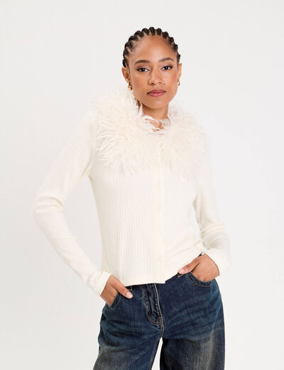 Gilet ajust&eacute; manches longues duveteux ivoire femme