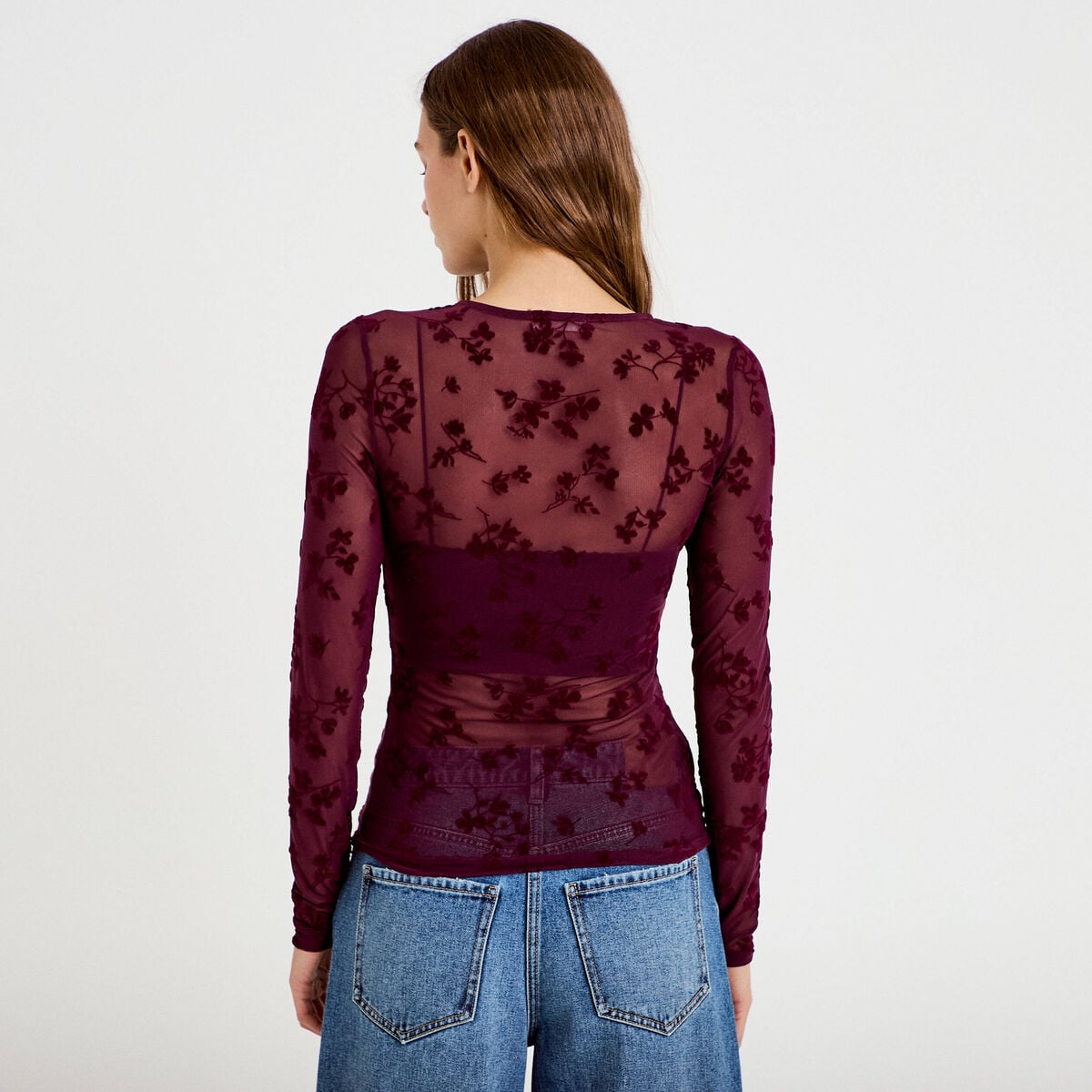 T-shirt ajust&eacute; manches longues prune femme