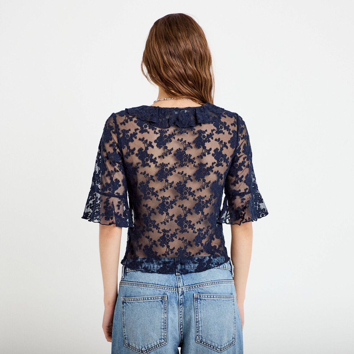 Blouse dentelle &agrave; volants bleu marine femme