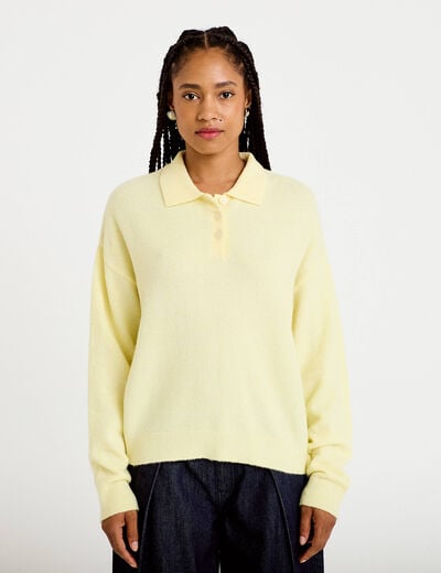 Pull col chemise manches longues jaune clair femme