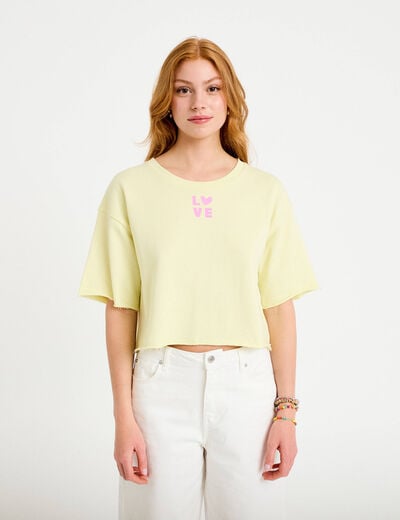 Sweat oversize cropped col rond jaune clair femme