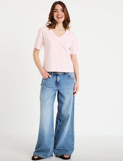 T-shirt col v manches courtes rose clair femme