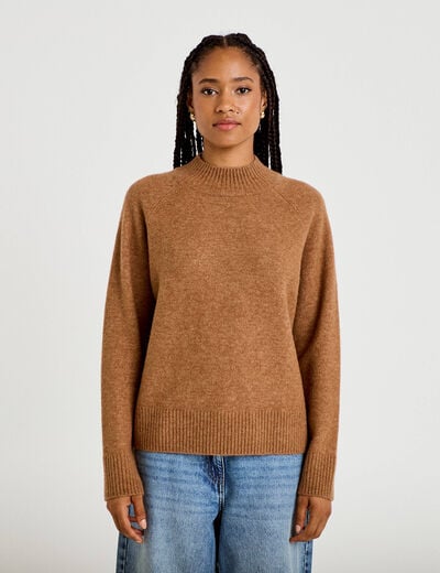 Pull col montant manches longues camel femme