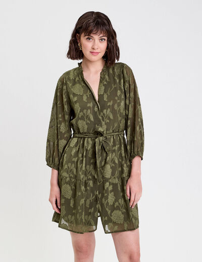 Robe chemise &eacute;vas&eacute;e ceintur&eacute;e vert kaki femme