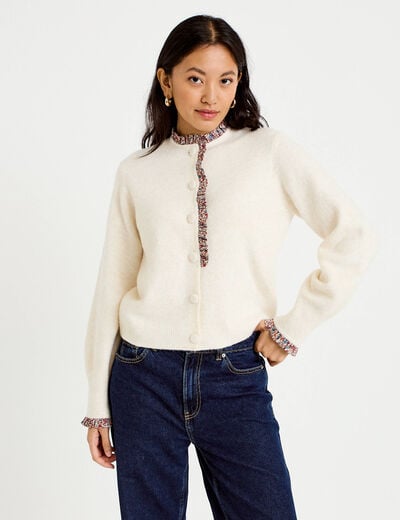 Gilet col rond manches longues ecru femme