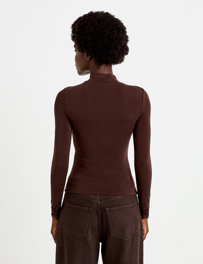 T-shirt ajust&eacute; col roul&eacute; dentelle marron fonc&eacute; femme