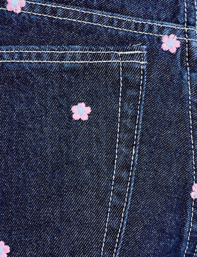Jean wide leg taille haute brod&eacute; bleu fonc&eacute; femme