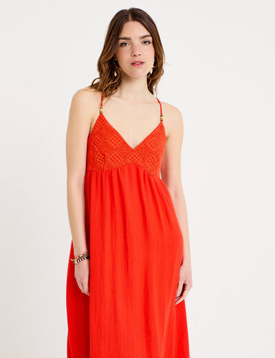Robe bi-mati&egrave;re col v bretelles fines orange fonc&eacute; femme