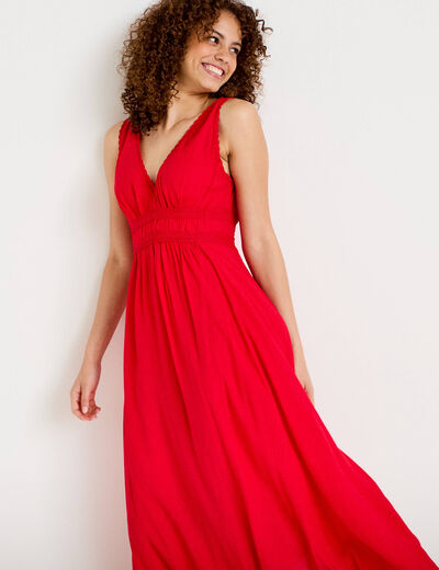 Robe longue &eacute;vas&eacute;e col v sans manches rouge femme