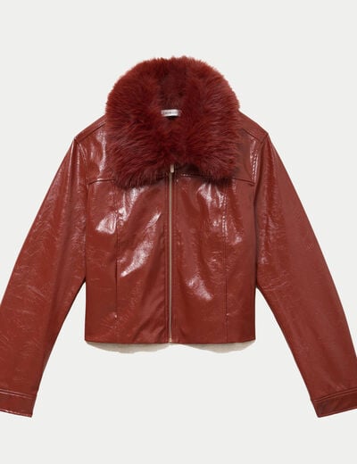 Veste droite cropped similicuir marron cognac femme
