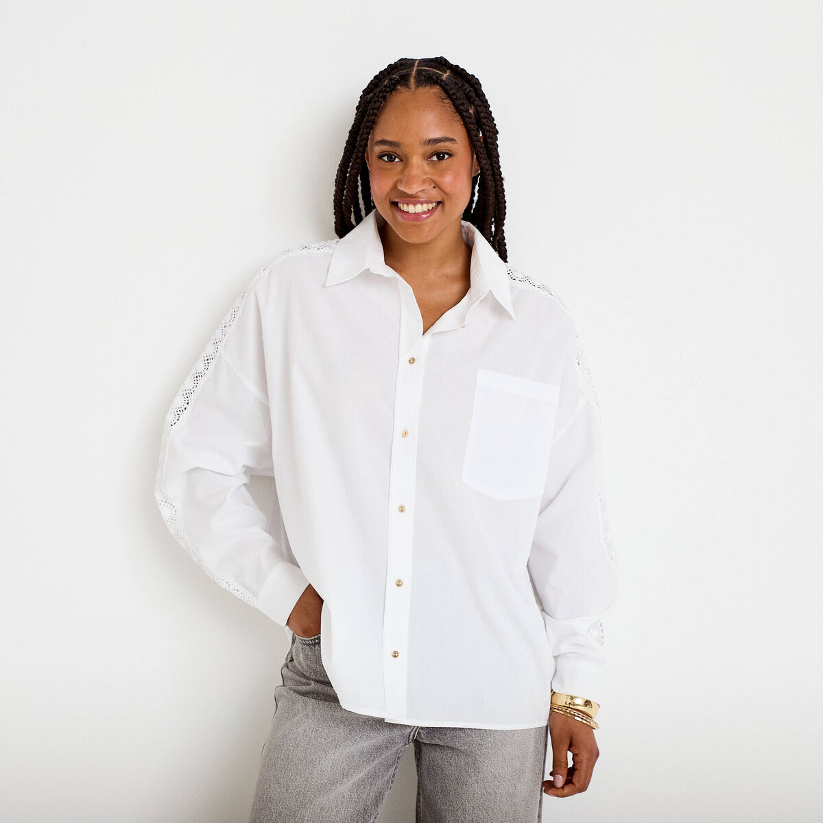 Chemise d&eacute;tails dentelle ecru femme