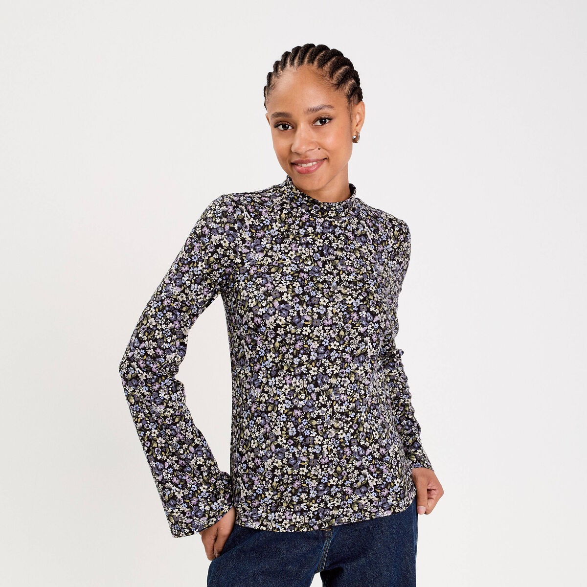 Pull cintr&eacute; col montant manches longues noir femme