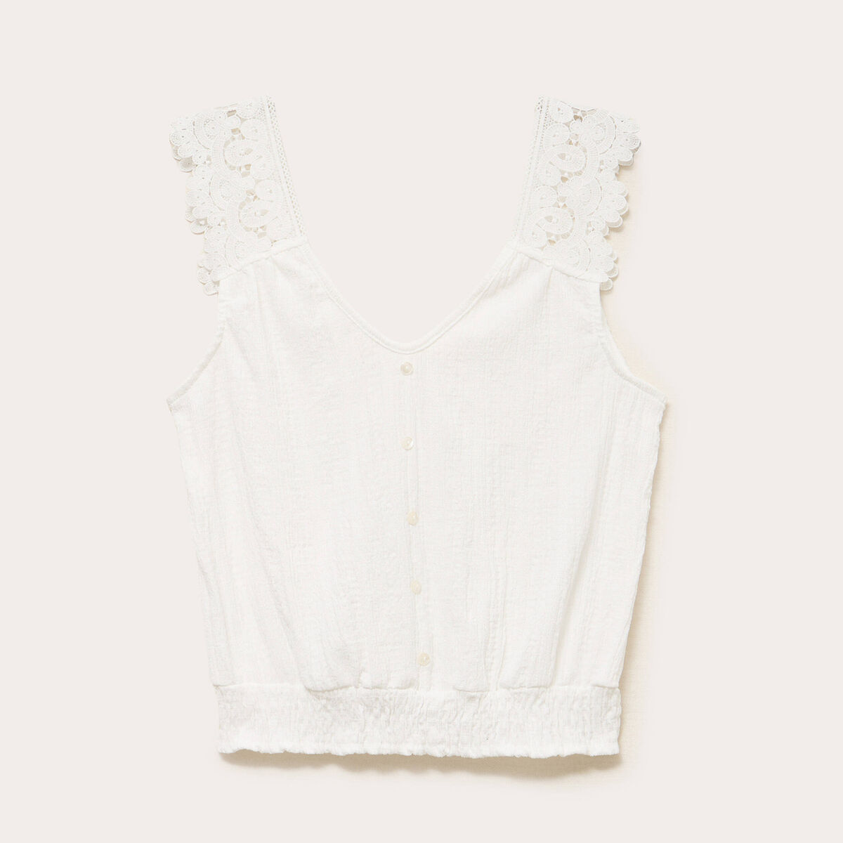 Top droit court sans manches en dentelle ecru femme