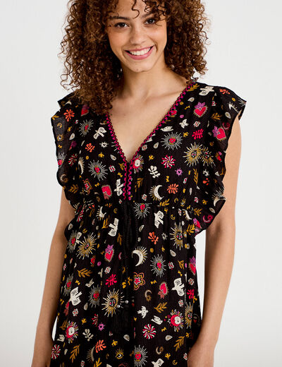 Robe &eacute;vas&eacute;e cr&ecirc;pe col v manches courtes noir femme