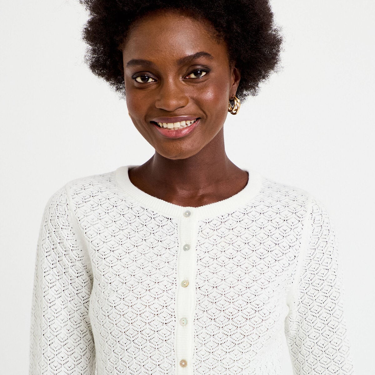 Gilet ajour&eacute; manches longues dentelle ecru femme
