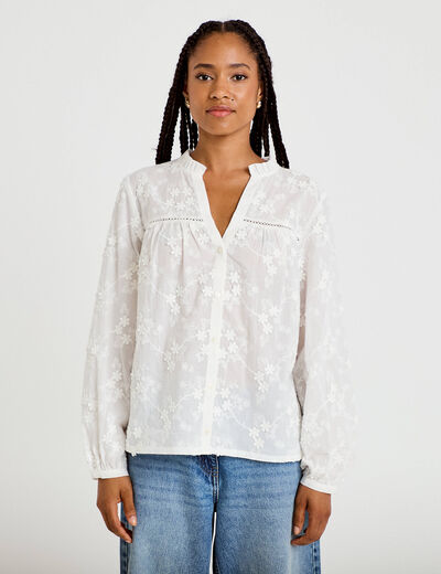 Blouse droite col rond manches longues ecru femme