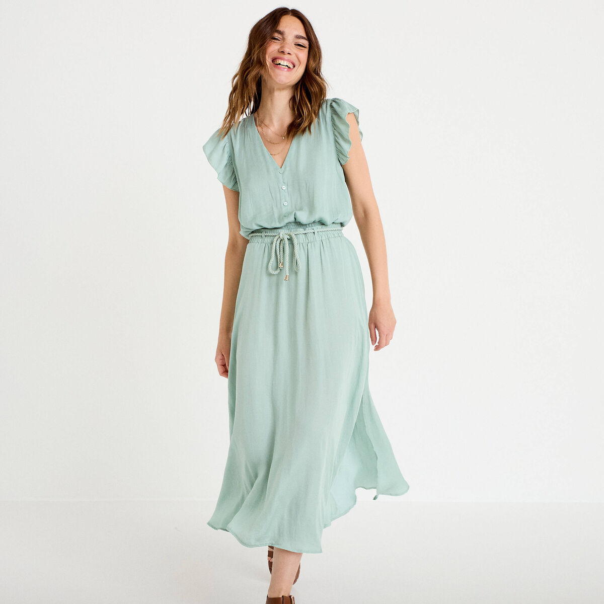 Jupe longue &eacute;vas&eacute;e satin vert pastel femme
