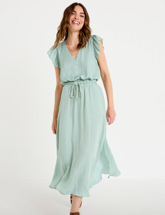 Jupe longue &eacute;vas&eacute;e satin vert pastel femme
