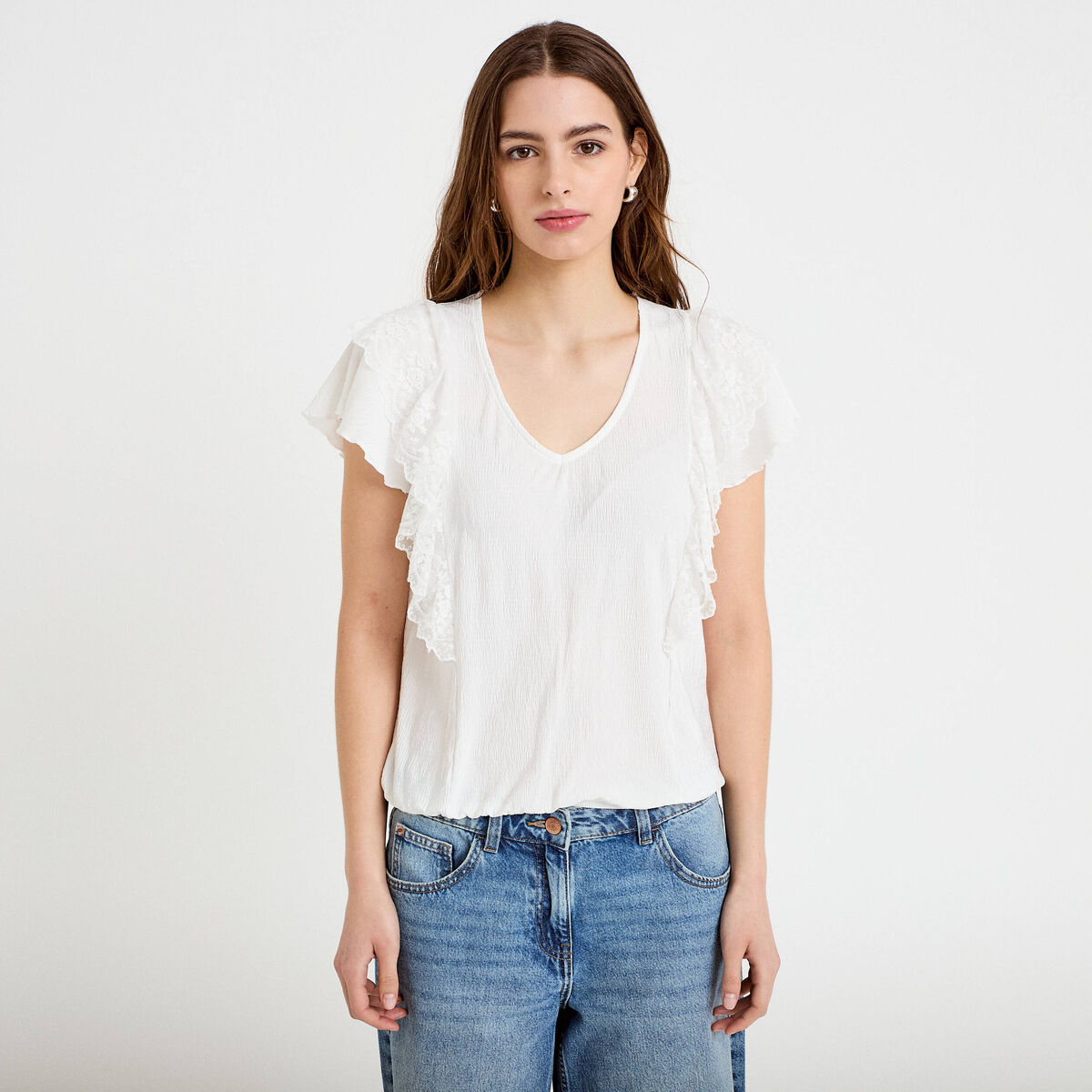 Blouse col v manches courtes dentelle ecru femme