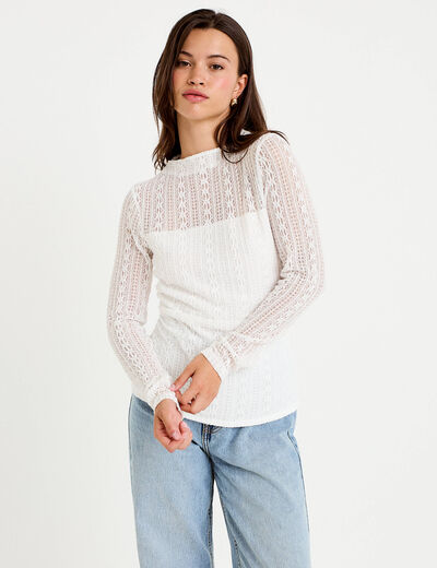 Top ajust&eacute; col montant dentelle ecru femme