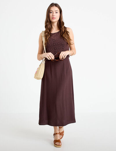 Robe longue bi-mati&egrave;re col rond marron fonc&eacute; femme