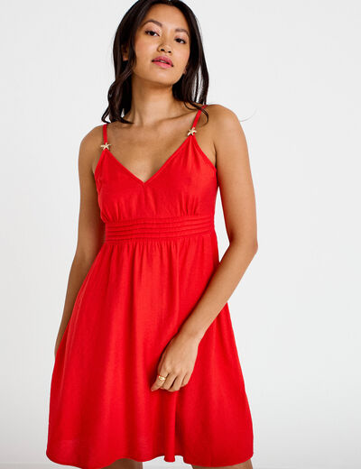 Robe courte d&eacute;collet&eacute; bretelles fines rouge femme