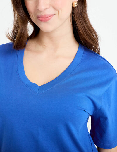 T-shirt col v manches courtes bleu electrique femme