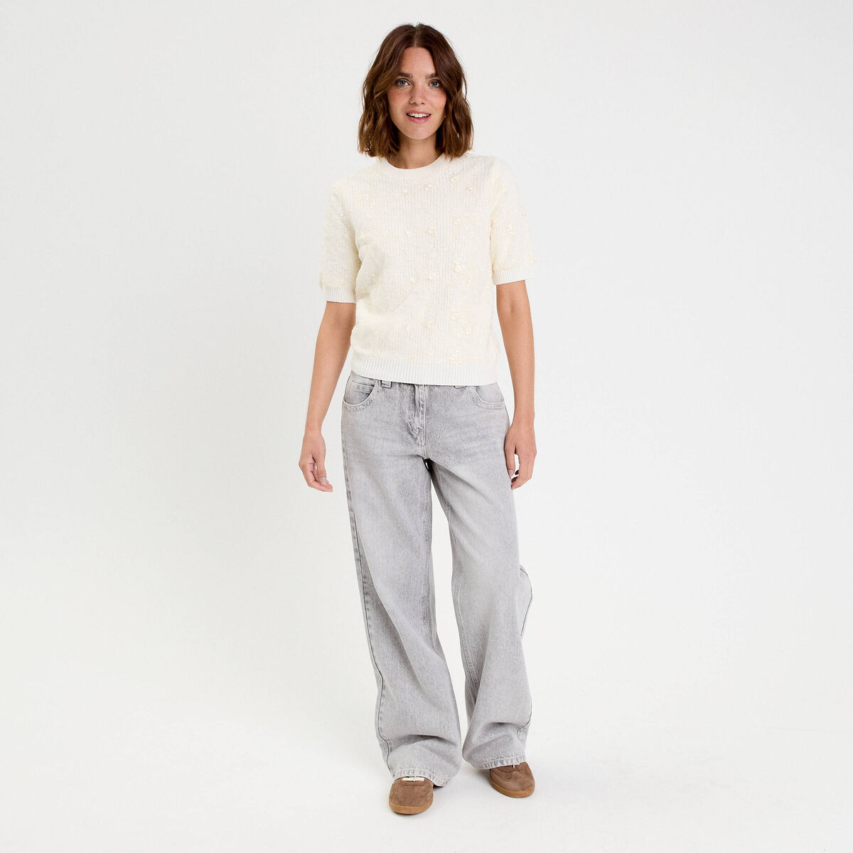 Pull dentelle manches courtes ecru femme