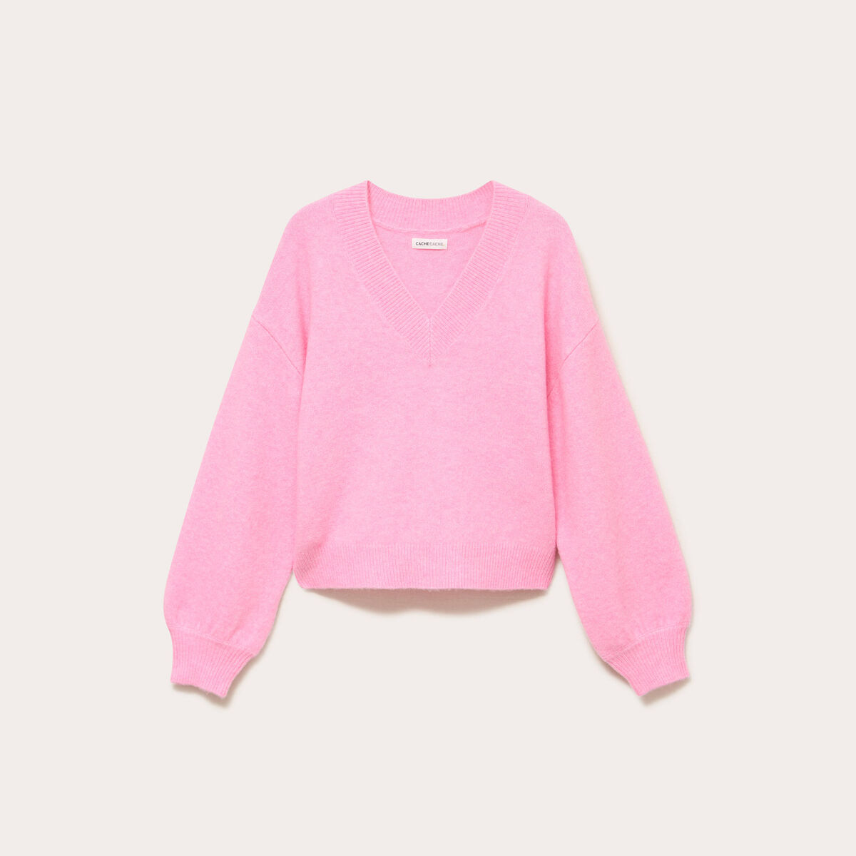 Pull col v manches longues rose femme