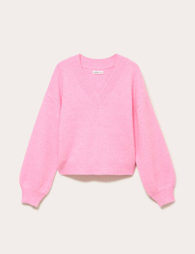 Pull col v manches longues rose femme