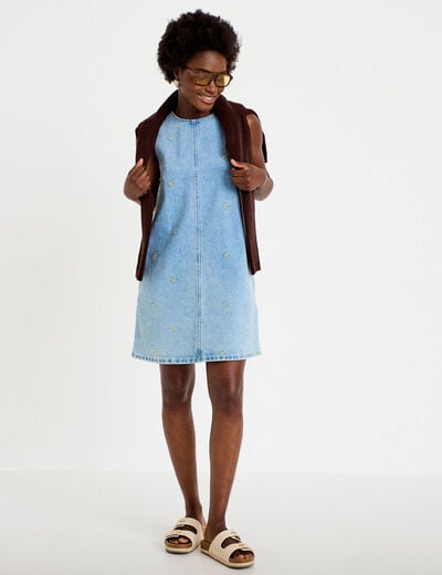 Robe courte &eacute;vas&eacute;e en jean sans manches bleu femme